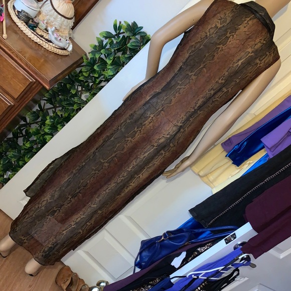 Vintage 80s Reptile snake print sheer chiffon sleeveless maxi VEST Shirt top S M - Picture 10 of 13